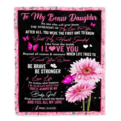 Personalized To My Bonus Daughter Blanket From Stepmom I Love You Pink Daisy Butterfly Stepdaughter Birthday Graduation Christmas Customized Fleece Blanket | teecentury