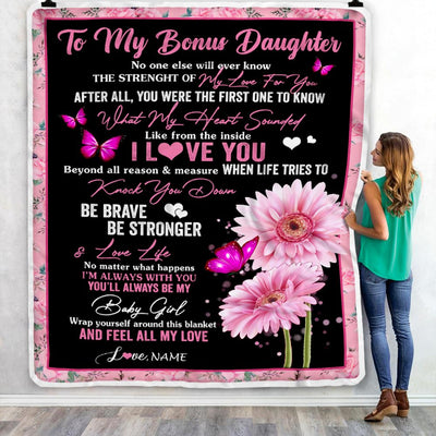 Personalized To My Bonus Daughter Blanket From Stepmom I Love You Pink Daisy Butterfly Stepdaughter Birthday Graduation Christmas Customized Fleece Blanket | teecentury