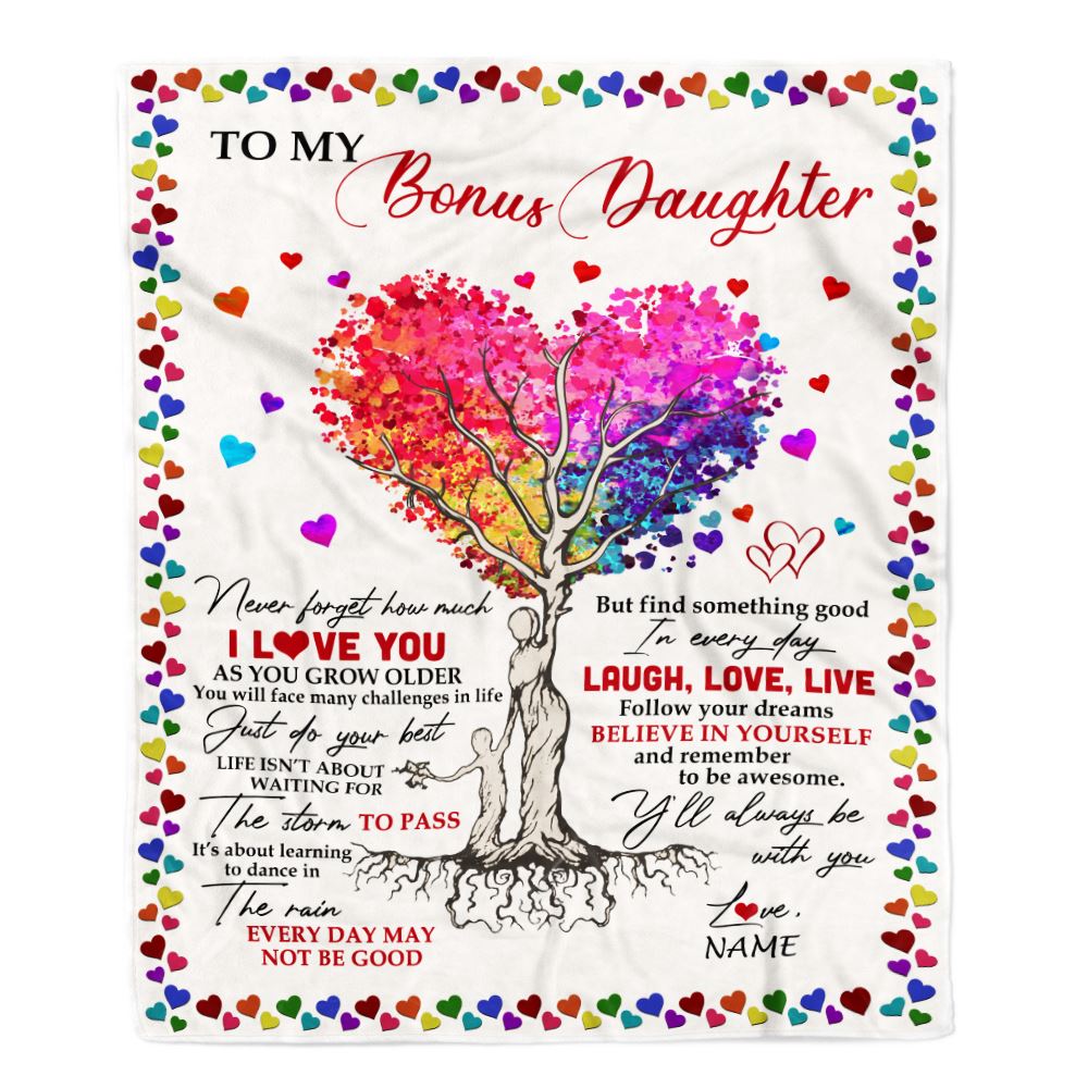 Personalized To My Bonus Daughter Blanket From Stepmother Colorful Tree Never Forget I Love You Stepdaughter Birthday Christmas Customized Fleece Blanket | teecentury