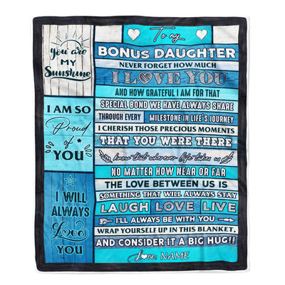 Personalized To My Bonus Daughter Blanket From Stepmother Wood I Love You It A Big Hug Stepdaughter Birthday Graduation Christmas Customized Fleece Blanket | teecentury