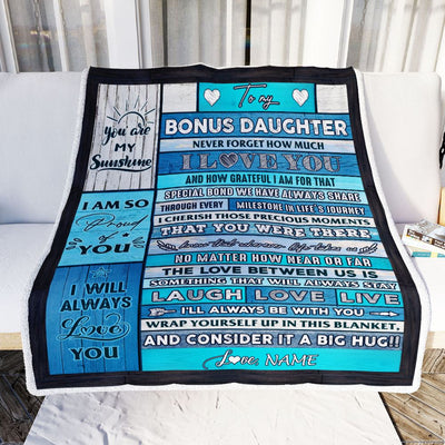 Personalized To My Bonus Daughter Blanket From Stepmother Wood I Love You It A Big Hug Stepdaughter Birthday Graduation Christmas Customized Fleece Blanket | teecentury