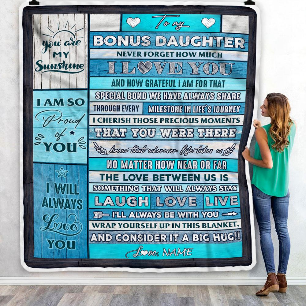 Personalized To My Bonus Daughter Blanket From Stepmother Wood I Love You It A Big Hug Stepdaughter Birthday Graduation Christmas Customized Fleece Blanket | teecentury