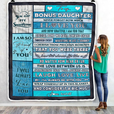 Personalized To My Bonus Daughter Blanket From Stepmother Wood I Love You It A Big Hug Stepdaughter Birthday Graduation Christmas Customized Fleece Blanket | teecentury