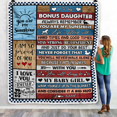 Personalized To My Bonus Daughter Blanket From Stepmother Wood It A Big Hug Stepdaughter Birthday Graduation Christmas Customized Bed Fleece Throw Blanket | teecentury