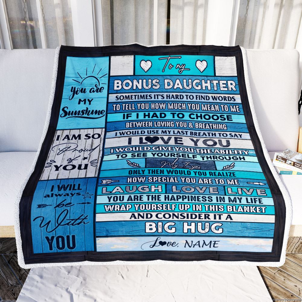 Personalized To My Bonus Daughter Blanket From Stepmother Wood Laugh Love Live Big Hug Stepdaughter Birthday Graduation Christmas Customized Fleece Blanket | teecentury
