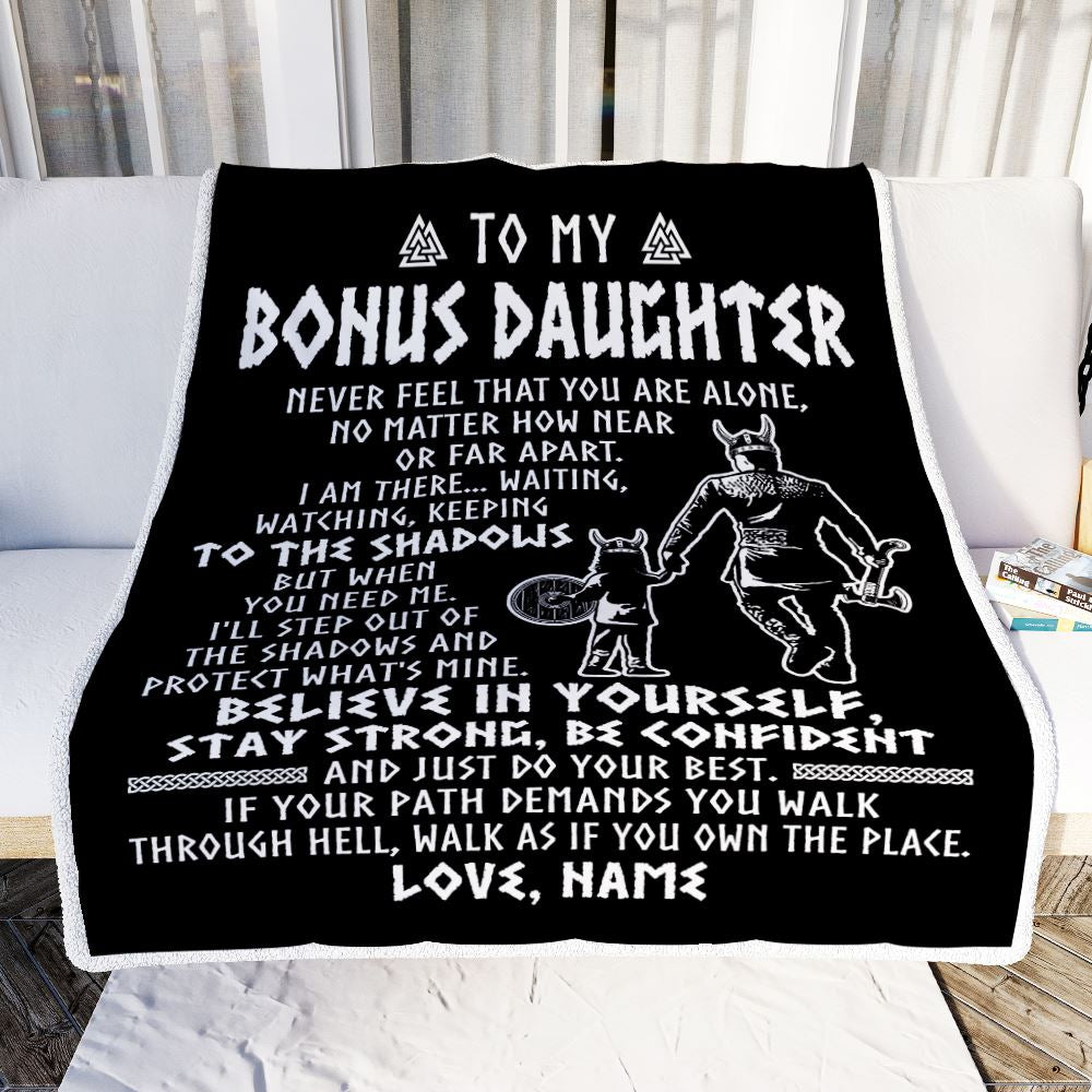 Personalized To My Bonus Daughter Blanket Viking Never Feel You Are Alone Scandinavian Runes Viking Stepdaughter Christmas Customized Bed Fleece Blanket | teecentury