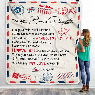 Personalized To My Bonus Daughter Blanket from Stepmom Air Mail Letter I Love You Stepdaughter Birthday Christmas Graduation Customized Fleece Throw Blanket | teecentury