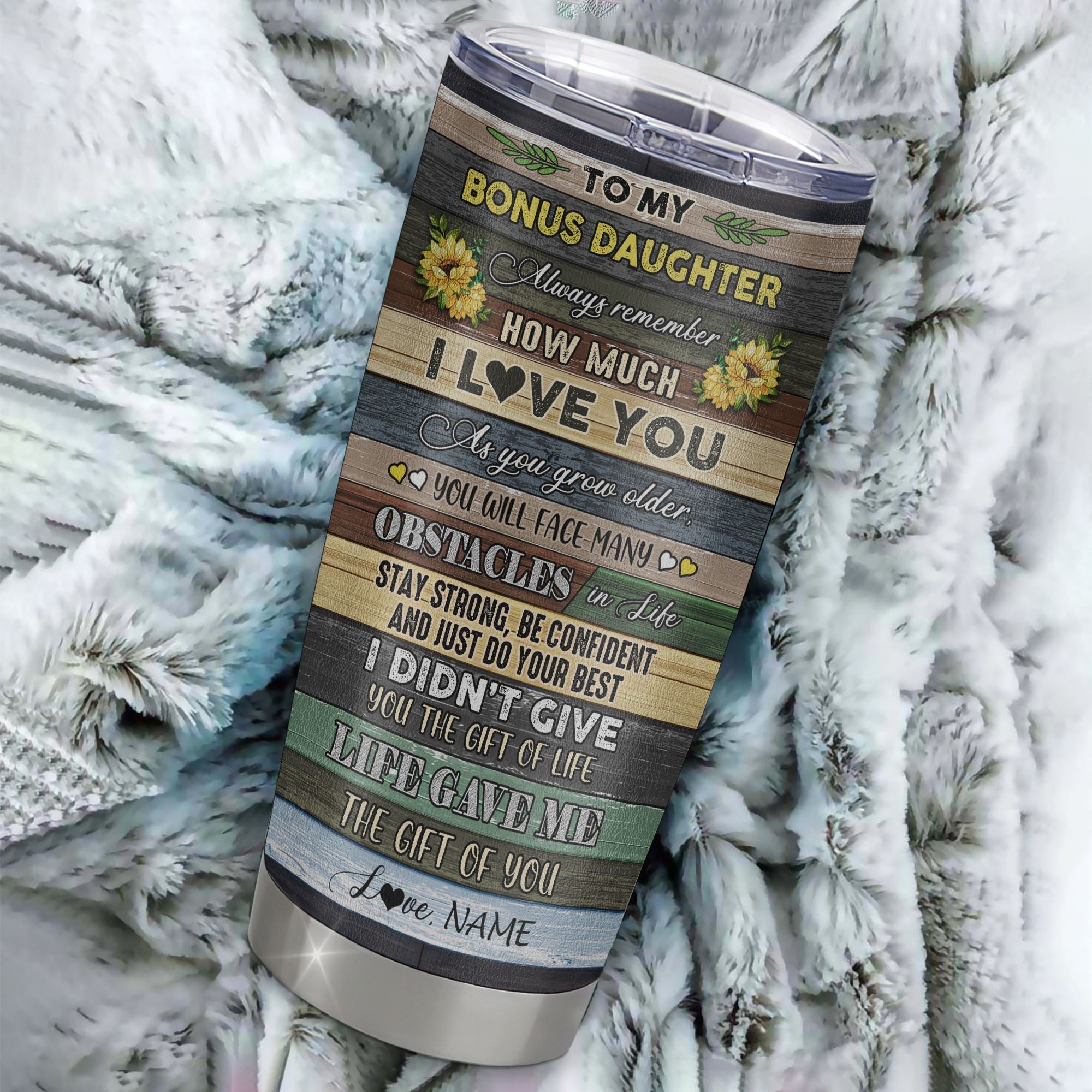 Personalized To My Bonus Daughter From Step Mom Stainless Steel Tumbler Cup Always Remember How Much I Love You Wood Sunflower Stepdaughter Birthday Christmas Travel Mug | teecentury