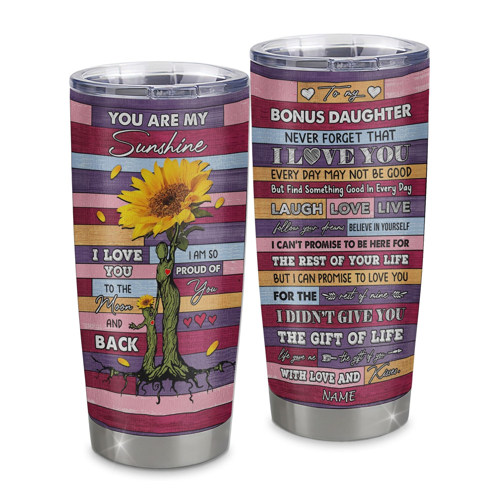 Personalized To My Bonus Daughter From Stepmom Stainless Steel Tumbler Cup Wood Sunflower Never Forget I Love You Stepdaughter Birthday Graduation Christmas Travel Mug | teecentury