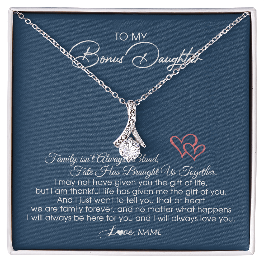 Alluring Beauty Necklace | Personalized To My Bonus Daughter Necklace From Mom Dad We Are Family Forever Jewelry Step Daughter Pendant Birthday Christmas Customized Gift Box Message Card | teecentury
