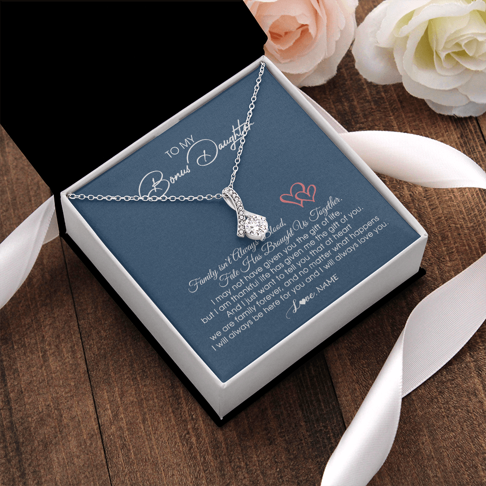 Alluring Beauty Necklace | Personalized To My Bonus Daughter Necklace From Mom Dad We Are Family Forever Jewelry Step Daughter Pendant Birthday Christmas Customized Gift Box Message Card | teecentury