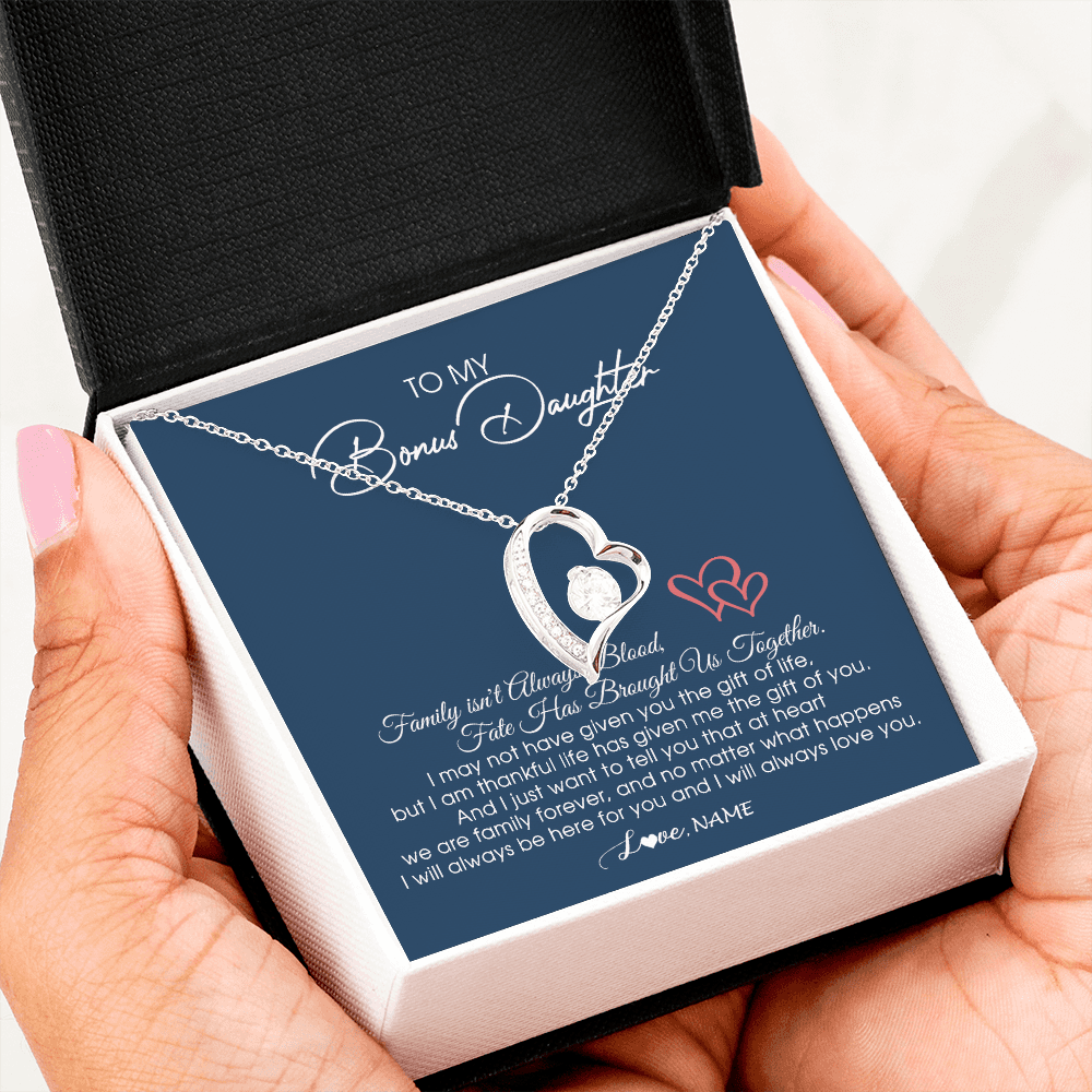 Forever Love Necklace | Personalized To My Bonus Daughter Necklace From Mom Dad We Are Family Forever Jewelry Step Daughter Pendant Birthday Christmas Customized Gift Box Message Card | teecentury