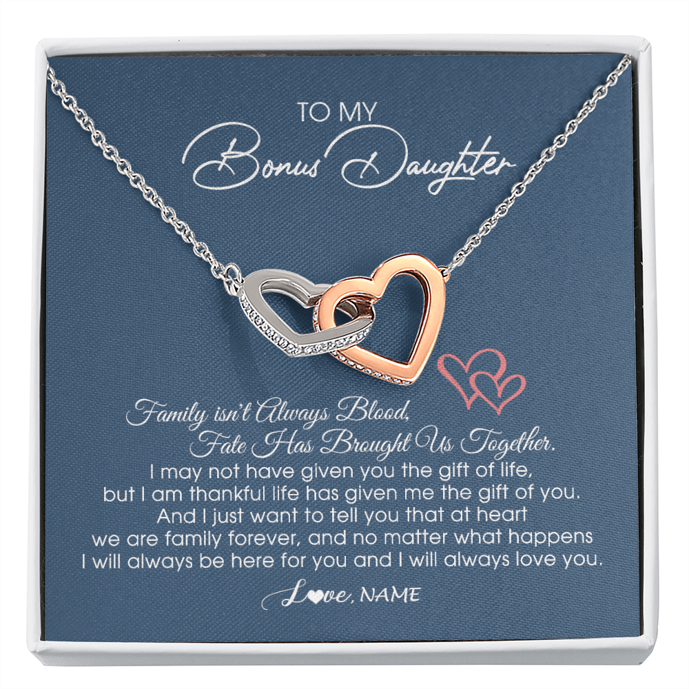 Interlocking Hearts Necklace | Personalized To My Bonus Daughter Necklace From Mom Dad We Are Family Forever Jewelry Step Daughter Pendant Birthday Christmas Customized Gift Box Message Card | teecentury
