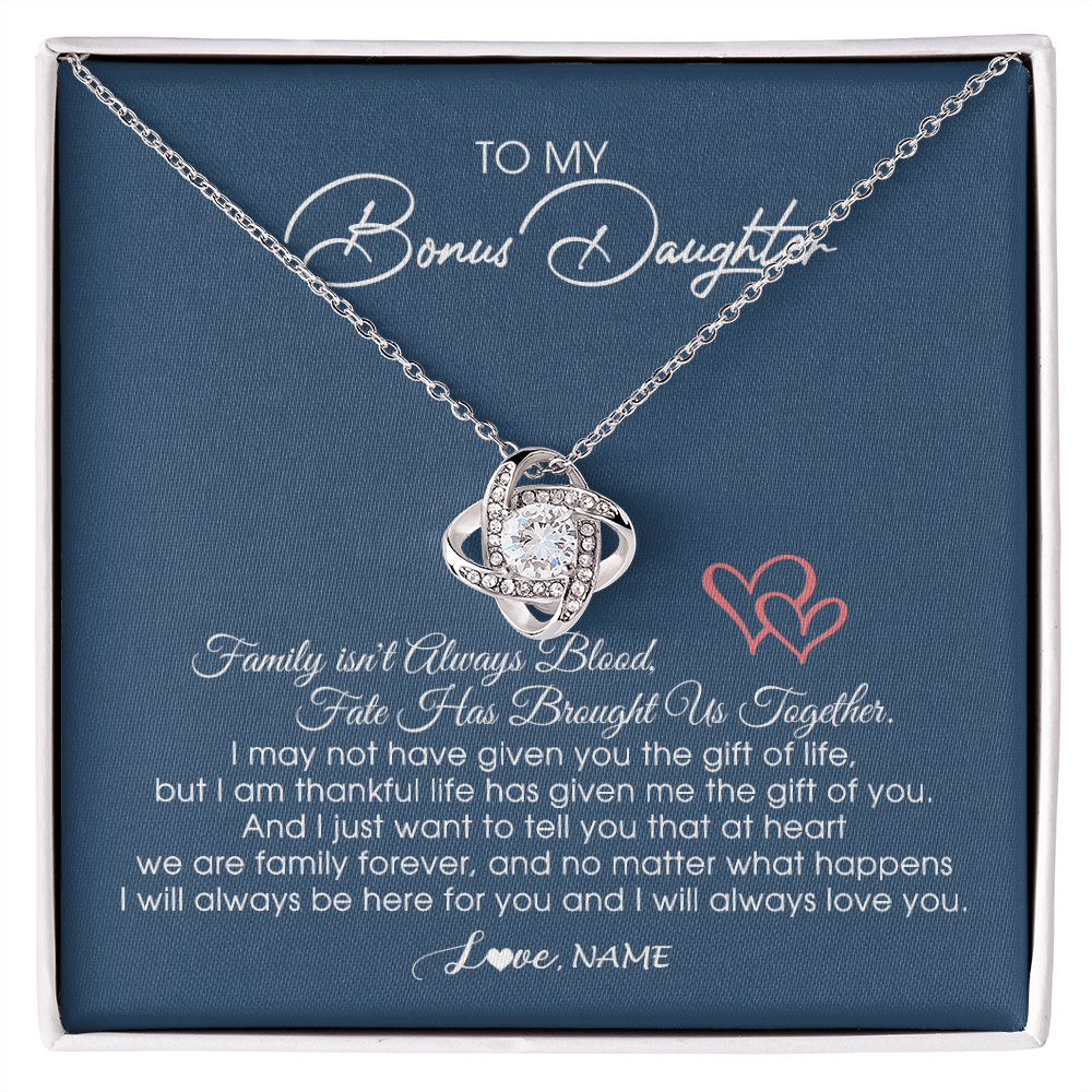 Love Knot Necklace | Personalized To My Bonus Daughter Necklace From Mom Dad We Are Family Forever Jewelry Step Daughter Pendant Birthday Christmas Customized Gift Box Message Card | teecentury