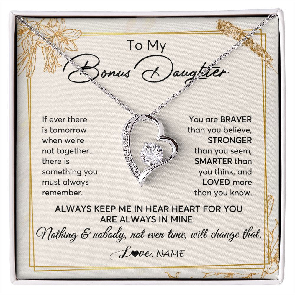Forever Love Necklace | Personalized To My Bonus Daughter Necklace From Step Mom Always Keep Me In Your Heart Step Daughter Birthday Christmas Customized Gift Box Message Card | teecentury
