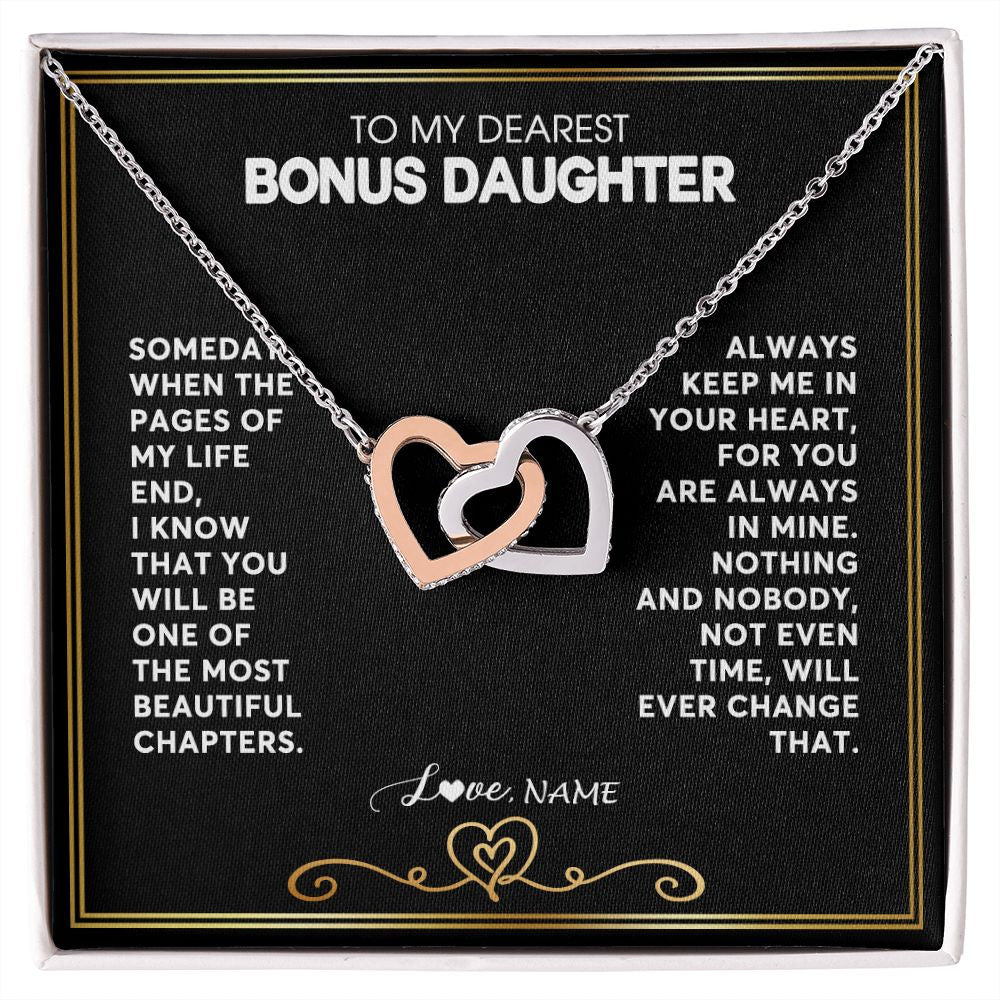 Interlocking Hearts Necklace | Personalized To My Bonus Daughter Necklace From Step Mother When The Pages Of My Life End Stepdaughter Birthday Christmas Customized Gift Box Message Card | teecentury
