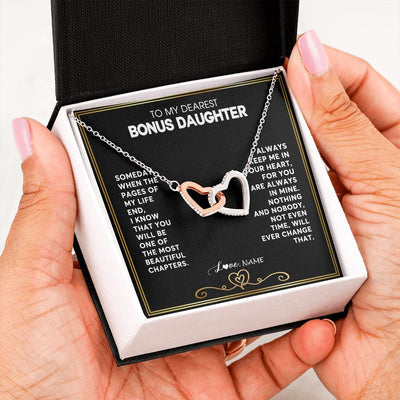 Interlocking Hearts Necklace | Personalized To My Bonus Daughter Necklace From Step Mother When The Pages Of My Life End Stepdaughter Birthday Christmas Customized Gift Box Message Card | teecentury