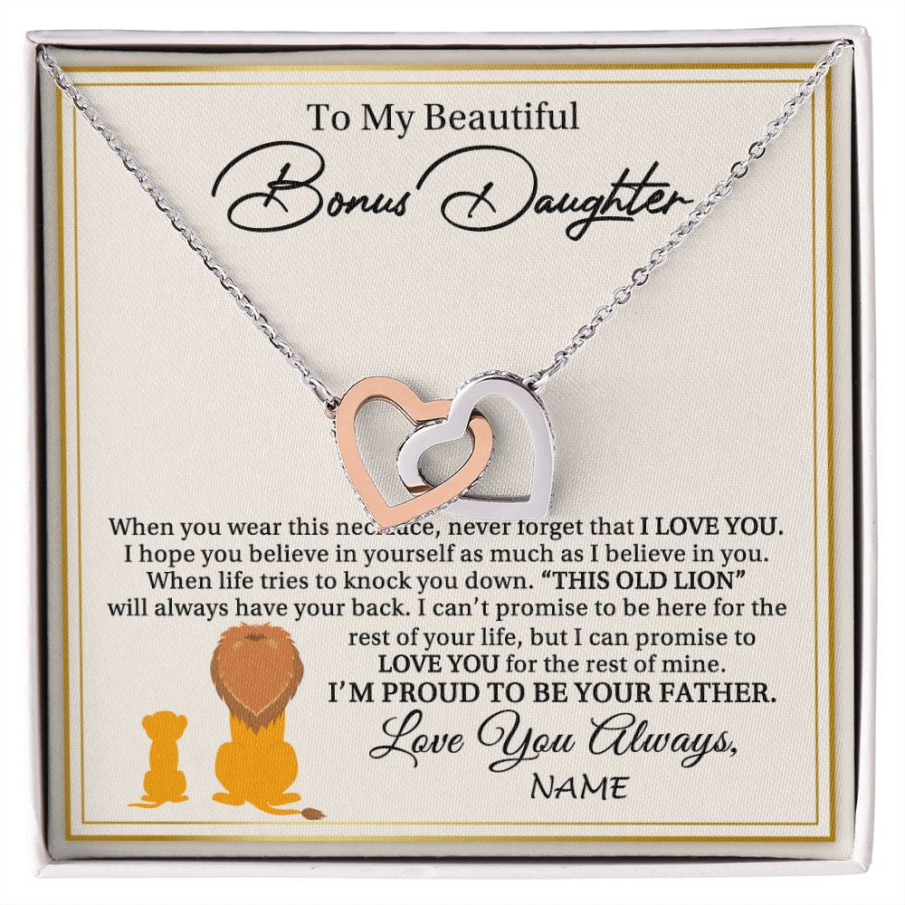 Interlocking Hearts Necklace | Personalized To My Bonus Daughter Necklace From Stepdad I'M Proud To Be Your Father Lion Stepdaughter Birthday Christmas Customized Gift Box Message Card | teecentury