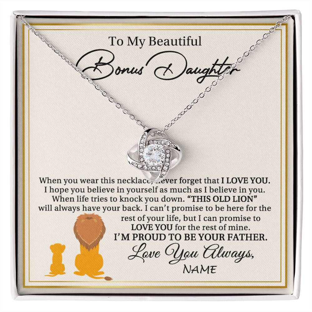 Love Knot Necklace | Personalized To My Bonus Daughter Necklace From Stepdad I'M Proud To Be Your Father Lion Stepdaughter Birthday Christmas Customized Gift Box Message Card | teecentury