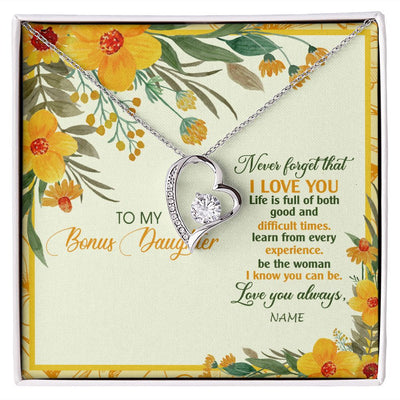 Forever Love Necklace | Personalized To My Bonus Daughter Necklace From Stepmom Flower Never Forget That I Love You Stepdaughter Birthday Christmas Customized Gift Box Message Card | teecentury
