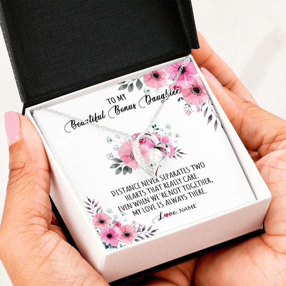 Forever Love Necklace | Personalized To My Bonus Daughter Necklace From Stepmom My Love Is Always There Stepdaughter Birthday Graduation Christmas Customized Gift Box Message Card | teecentury