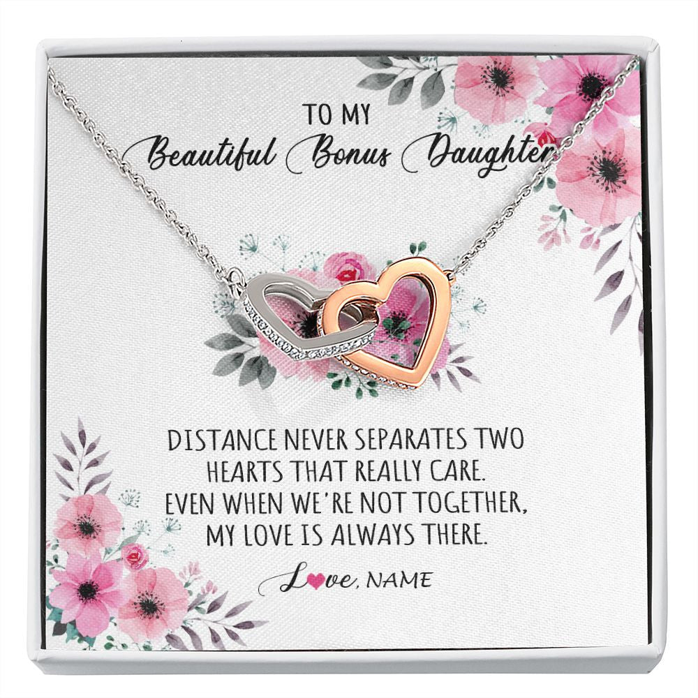 Interlocking Hearts Necklace | Personalized To My Bonus Daughter Necklace From Stepmom My Love Is Always There Stepdaughter Birthday Graduation Christmas Customized Gift Box Message Card | teecentury