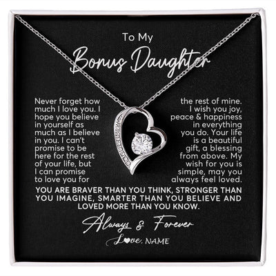 Forever Love Necklace | Personalized To My Bonus Daughter Necklace From Stepmom Never Forget How Much I Love You Stepdaughter Birthday Christmas Customized Gift Box Message Card | teecentury