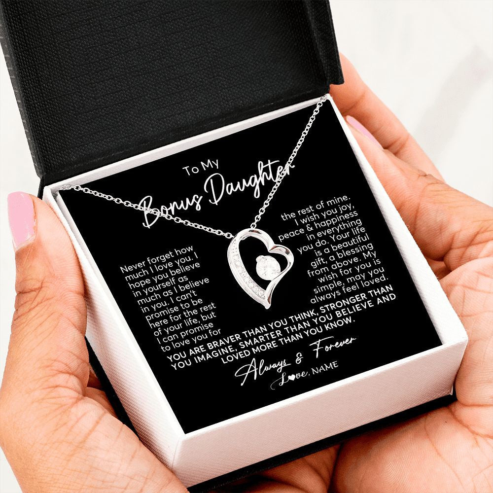 Forever Love Necklace | Personalized To My Bonus Daughter Necklace From Stepmom Never Forget How Much I Love You Stepdaughter Birthday Christmas Customized Gift Box Message Card | teecentury