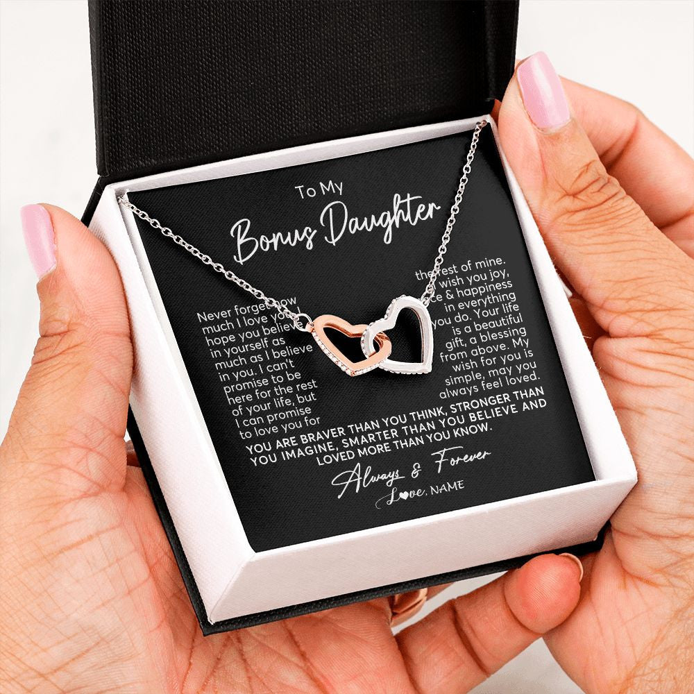 Interlocking Hearts Necklace | Personalized To My Bonus Daughter Necklace From Stepmom Never Forget How Much I Love You Stepdaughter Birthday Christmas Customized Gift Box Message Card | teecentury