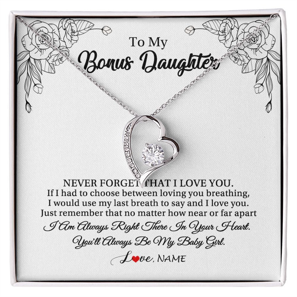 Forever Love Necklace | Personalized To My Bonus Daughter Necklace From Stepmom Never Forget That I Love You Step Daughter Birthday Christmas Customized Gift Box Message Card | teecentury