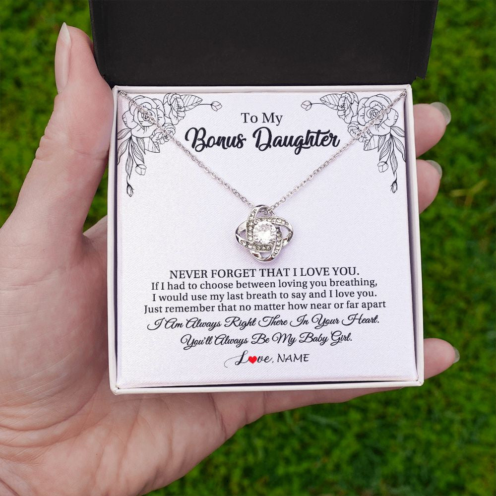 Love Knot Necklace | Personalized To My Bonus Daughter Necklace From Stepmom Never Forget That I Love You Step Daughter Birthday Christmas Customized Gift Box Message Card | teecentury