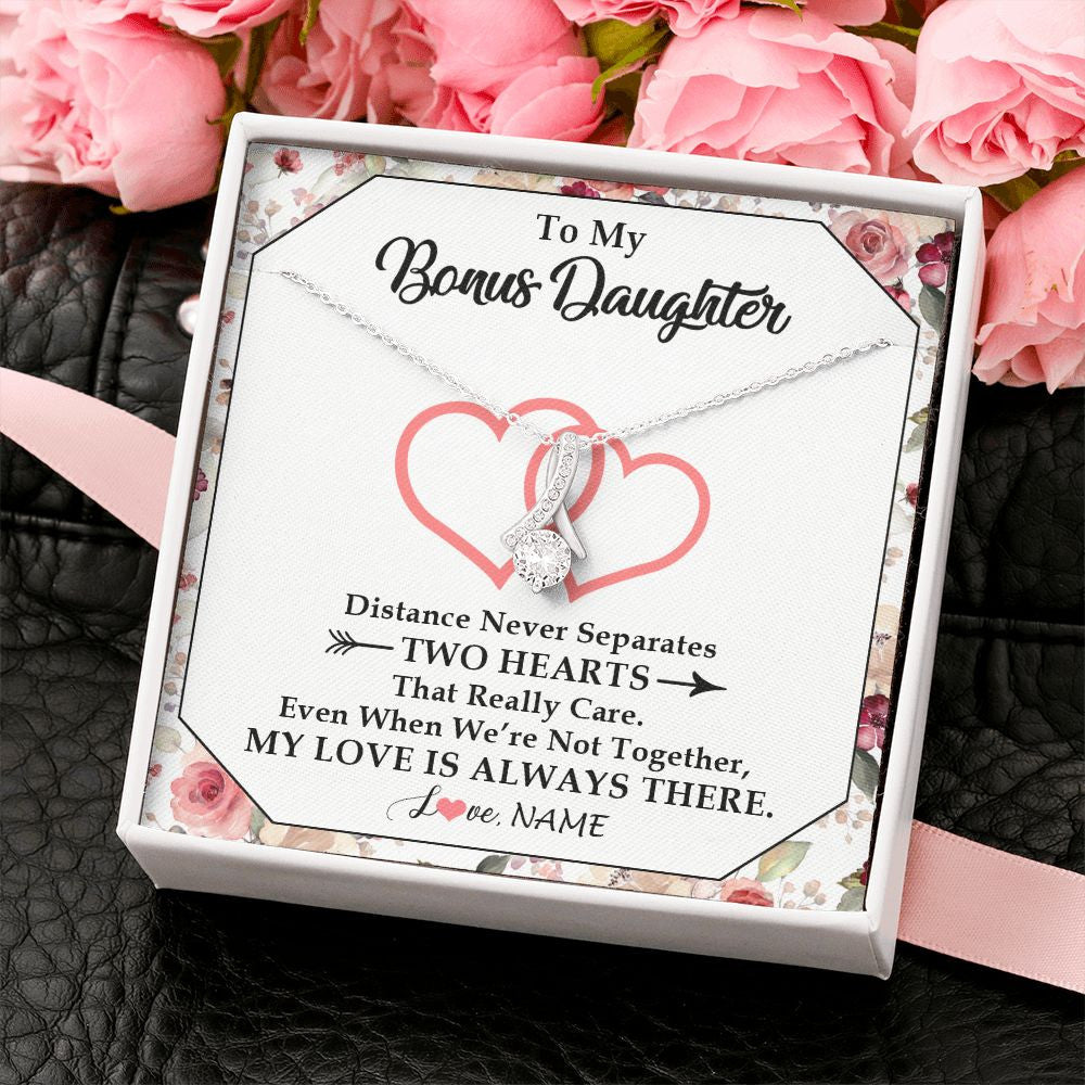 Alluring Beauty Necklace | Personalized To My Bonus Daughter Necklace From Stepmom Two Hearts Together Stepdaughter Birthday Christmas Customized Gift Box Message Card | teecentury