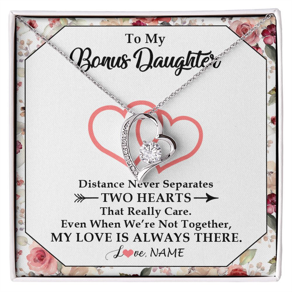 Forever Love Necklace | Personalized To My Bonus Daughter Necklace From Stepmom Two Hearts Together Stepdaughter Birthday Christmas Customized Gift Box Message Card | teecentury