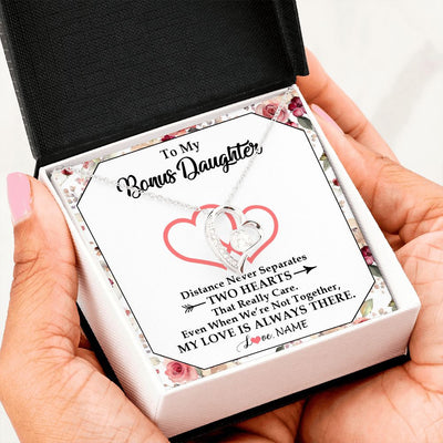Forever Love Necklace | Personalized To My Bonus Daughter Necklace From Stepmom Two Hearts Together Stepdaughter Birthday Christmas Customized Gift Box Message Card | teecentury