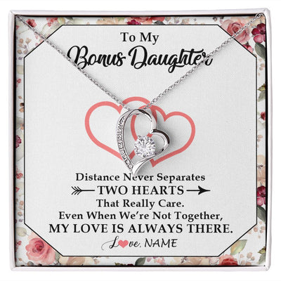 Forever Love Necklace | Personalized To My Bonus Daughter Necklace From Stepmom Two Hearts Together Stepdaughter Birthday Christmas Customized Gift Box Message Card | teecentury