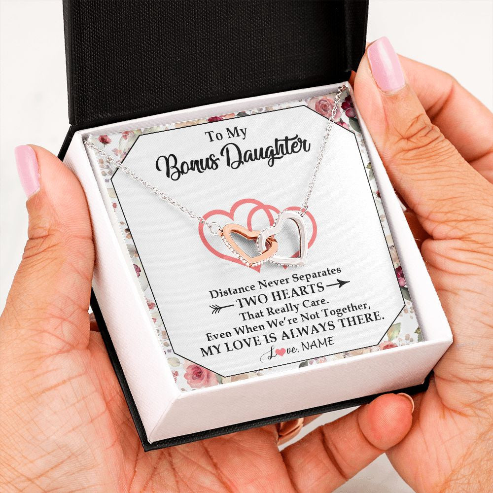 Interlocking Hearts Necklace | Personalized To My Bonus Daughter Necklace From Stepmom Two Hearts Together Stepdaughter Birthday Christmas Customized Gift Box Message Card | teecentury