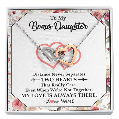 Interlocking Hearts Necklace | Personalized To My Bonus Daughter Necklace From Stepmom Two Hearts Together Stepdaughter Birthday Christmas Customized Gift Box Message Card | teecentury