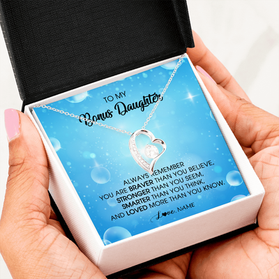 Forever Love Necklace | Personalized To My Bonus Daughter Necklace From Stepmother Always Remember You Are Braver Stepdaughter Jewelry Birthday Christmas Customized Message Card | teecentury