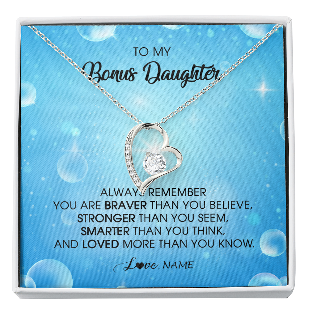 Forever Love Necklace | Personalized To My Bonus Daughter Necklace From Stepmother Always Remember You Are Braver Stepdaughter Jewelry Birthday Christmas Customized Message Card | teecentury