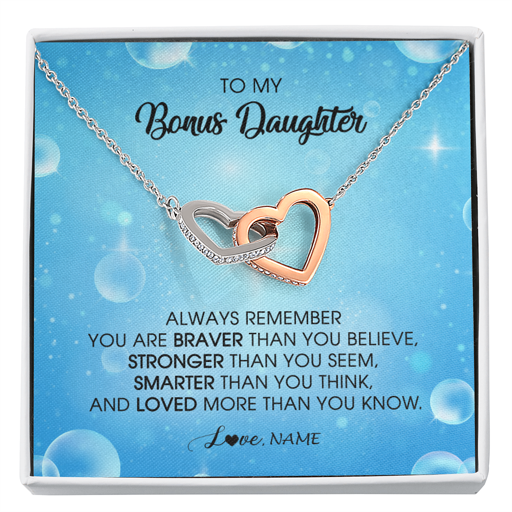 Interlocking Hearts Necklace | Personalized To My Bonus Daughter Necklace From Stepmother Always Remember You Are Braver Stepdaughter Jewelry Birthday Christmas Customized Message Card | teecentury