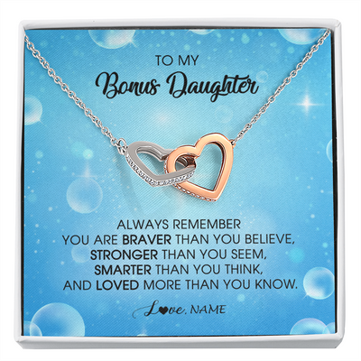 Interlocking Hearts Necklace | Personalized To My Bonus Daughter Necklace From Stepmother Always Remember You Are Braver Stepdaughter Jewelry Birthday Christmas Customized Message Card | teecentury