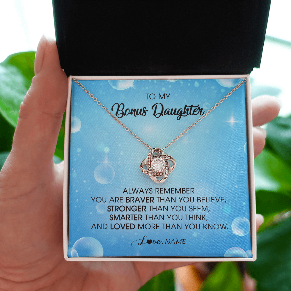Love Knot Necklace | Personalized To My Bonus Daughter Necklace From Stepmother Always Remember You Are Braver Stepdaughter Jewelry Birthday Christmas Customized Message Card | teecentury