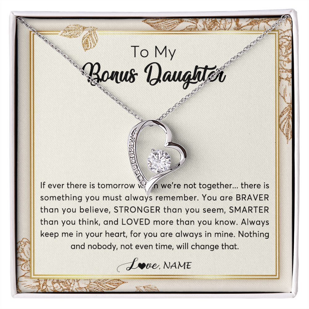 Forever Love Necklace | Personalized To My Bonus Daughter Necklace From Stepmother Braver Stronger Smarter Loved Daughter Jewelry Birthday Christmas Customized Gift Box Message Card | teecentury