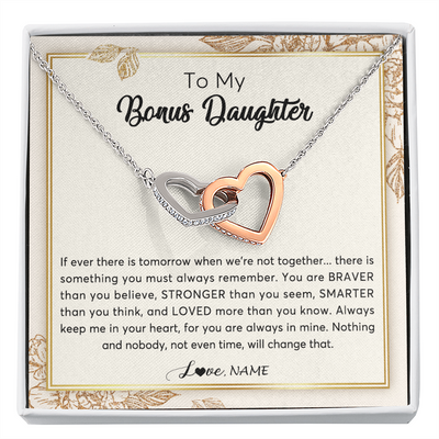 Interlocking Hearts Necklace | Personalized To My Bonus Daughter Necklace From Stepmother Braver Stronger Smarter Loved Daughter Jewelry Birthday Christmas Customized Gift Box Message Card | teecentury