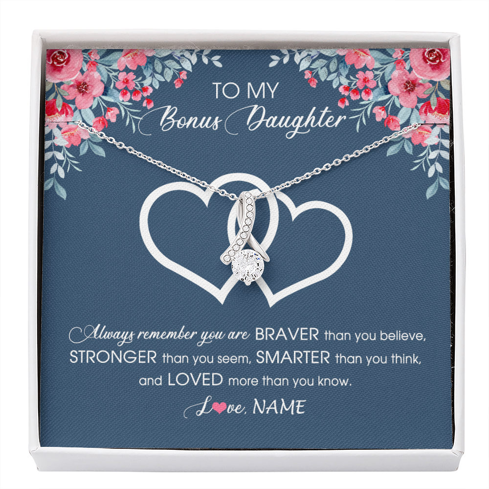 Alluring Beauty Necklace | Personalized To My Bonus Daughter Necklace From Stepmother Braver Stronger Smarter Loved Stepdaughter Jewelry Birthday Christmas Customized Message Card | teecentury