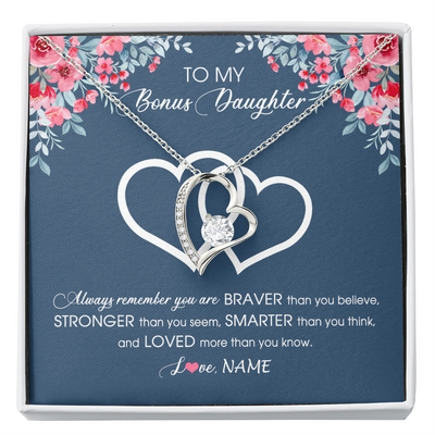 Forever Love Necklace | Personalized To My Bonus Daughter Necklace From Stepmother Braver Stronger Smarter Loved Stepdaughter Jewelry Birthday Christmas Customized Message Card | teecentury