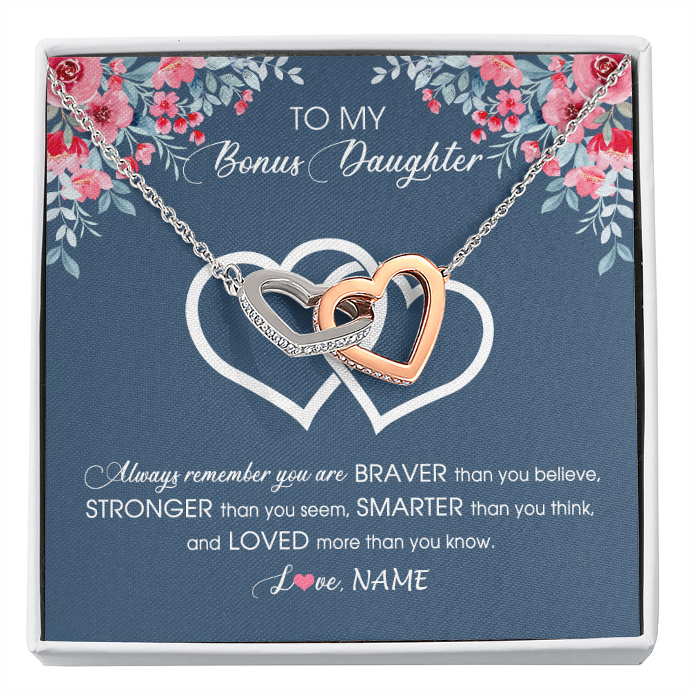Interlocking Hearts Necklace | Personalized To My Bonus Daughter Necklace From Stepmother Braver Stronger Smarter Loved Stepdaughter Jewelry Birthday Christmas Customized Message Card | teecentury