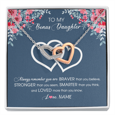 Interlocking Hearts Necklace | Personalized To My Bonus Daughter Necklace From Stepmother Braver Stronger Smarter Loved Stepdaughter Jewelry Birthday Christmas Customized Message Card | teecentury