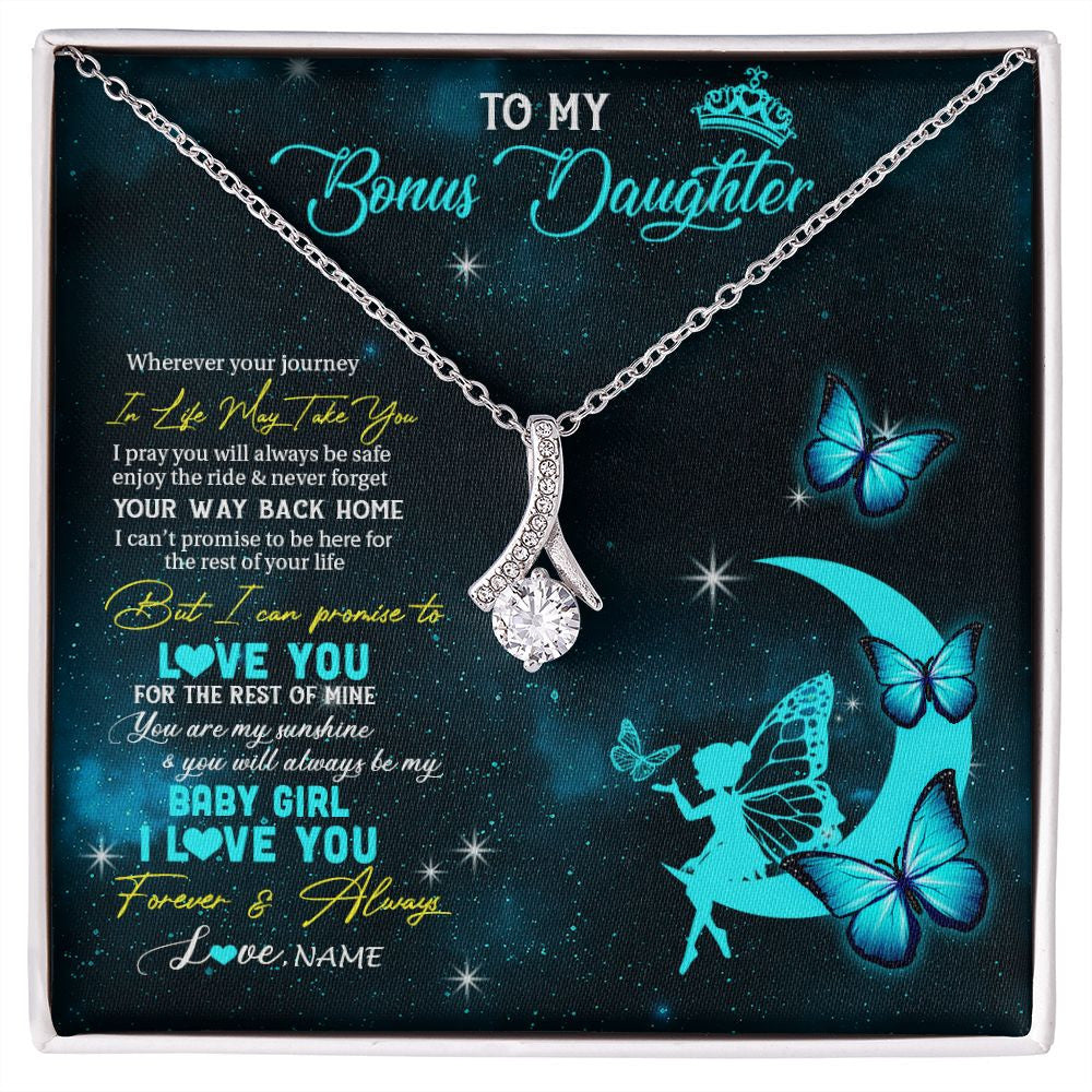 Alluring Beauty Necklace | Personalized To My Bonus Daughter Necklace From Stepmother Fairy Silhouette Fantasy Moon Stepdaughter Birthday Christmas Customized Gift Box Message Card | teecentury