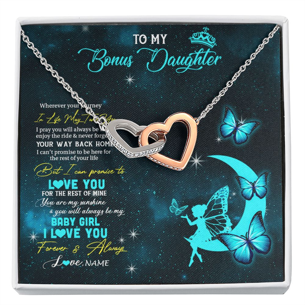 Interlocking Hearts Necklace | Personalized To My Bonus Daughter Necklace From Stepmother Fairy Silhouette Fantasy Moon Stepdaughter Birthday Christmas Customized Gift Box Message Card | teecentury